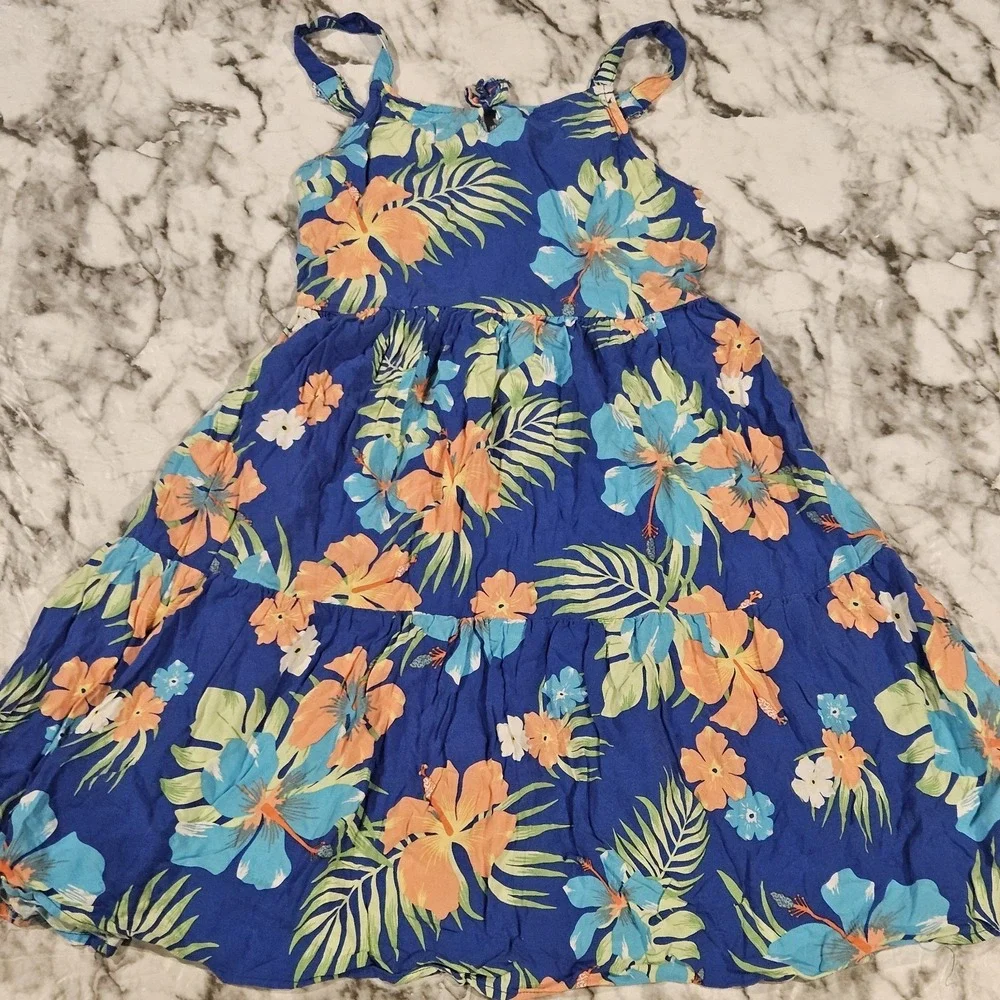 The Children's Place Girls 10/12 Tropical Floral Dress Blue‎ Adjustable Straps